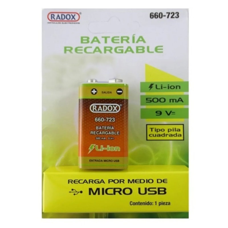 BATERIA RECARGABLE LI-ION 500mA 9V USB 660-723
